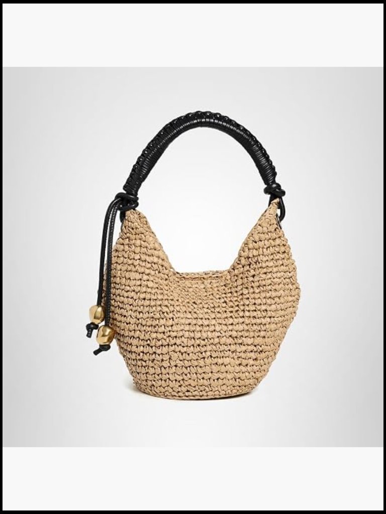 Mini Shoulder Bag Woven Straw Raffia Gold Bead Accents Magnetic Closure